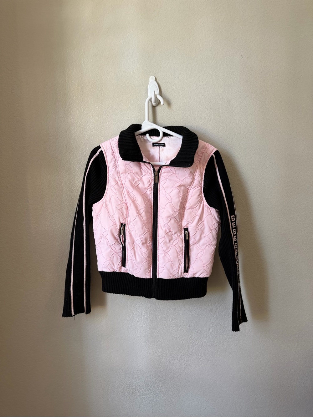 bebe Pink Quilted Jacket with Black Ribbed Trim